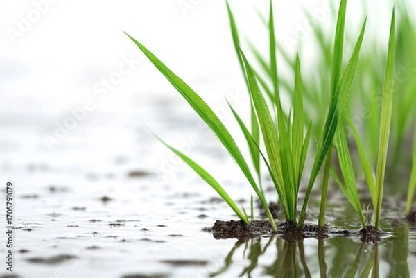 Fototapeta Emerging Life: A close-up of vibrant green rice seedlings emerging from water, showcasing the beauty of new growth and the promise of life. 