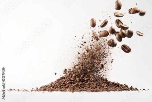 Fototapeta Coffee Beans in Descent: An artistic capture of freshly roasted coffee beans and grounds cascade downwards, showcasing the allure of a morning ritual