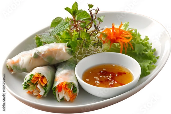 Fototapeta Fresh Rolls Delight: A vibrant plate of fresh rolls, meticulously crafted with translucent rice paper, reveals a colorful medley of fresh vegetables and succulent fillings.