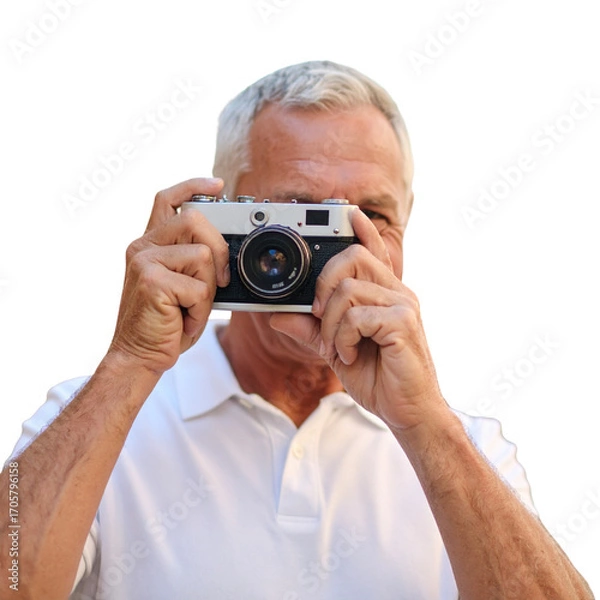 Fototapeta A young man holds an old film camera, a nostalgic journalist capturing the moment