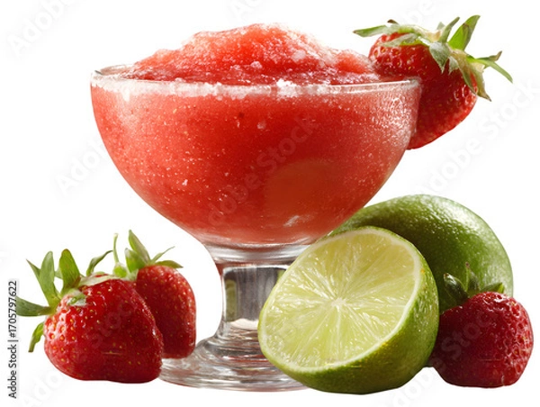 Fototapeta Strawberry Cocktail Delight: A refreshing strawberry cocktail in a elegant glass, complemented by ripe strawberries and a juicy lime, offering a taste of summer bliss.