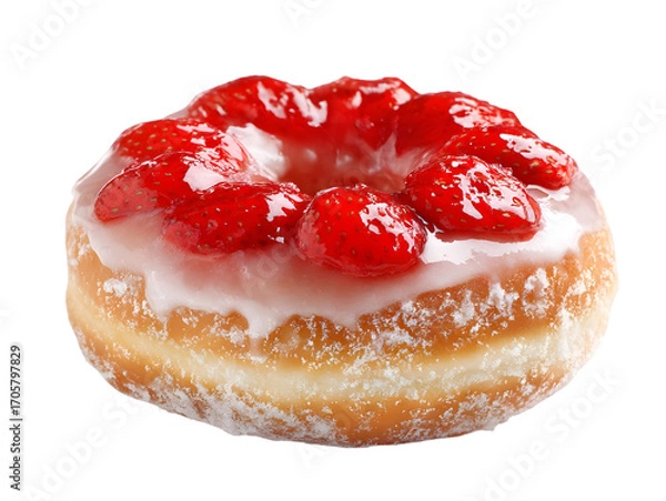 Fototapeta Sweet Strawberry Donut Delight: A tantalizing top-down shot showcases a glazed donut lavishly adorned with fresh strawberries, glistening with a sweet, inviting appeal.