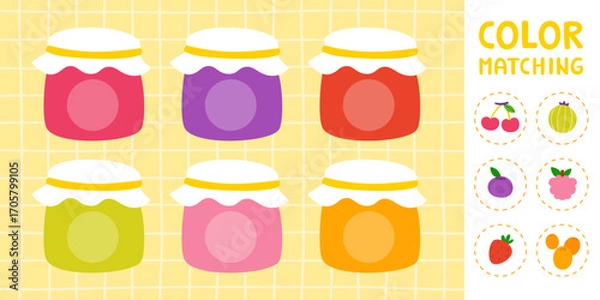 Fototapeta Color match mini game with jam jar and berries. Cute educational game for kids.