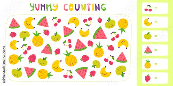 Fototapeta Kids counting mini game with cute fruits and berries. Kawaii food game for children.