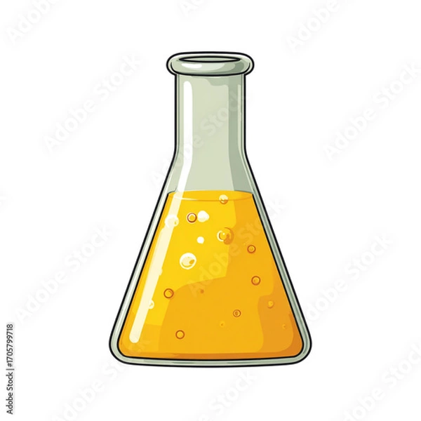Fototapeta Illustration of cartoon conical flask with yellow liquid isolated on transparent background
