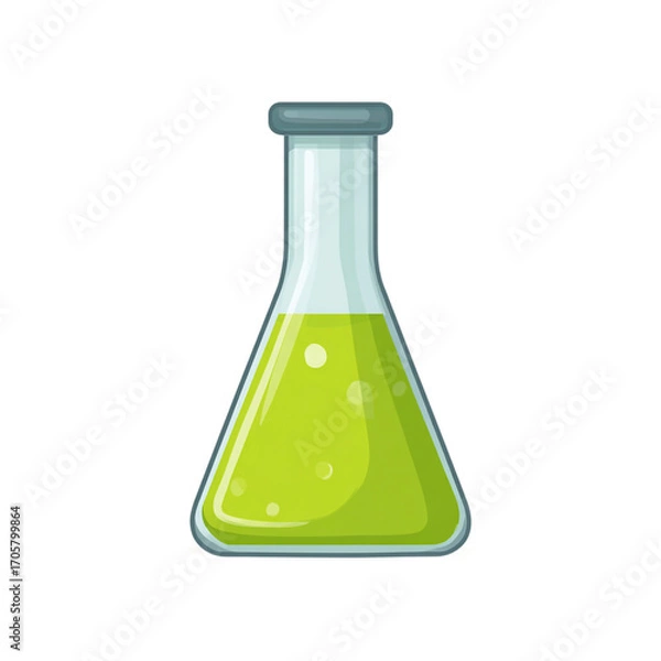 Fototapeta Illustration of cartoon conical flask with green liquid isolated on transparent background