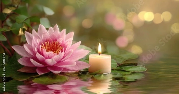Fototapeta Pink lotus blossom and lit candle rest peacefully on water with floating lily pads, creating serene reflections with a gentle, bokeh background glow