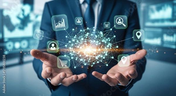 Fototapeta Digital marketing and information about customers. Businessperson holding network structure and customer icons.