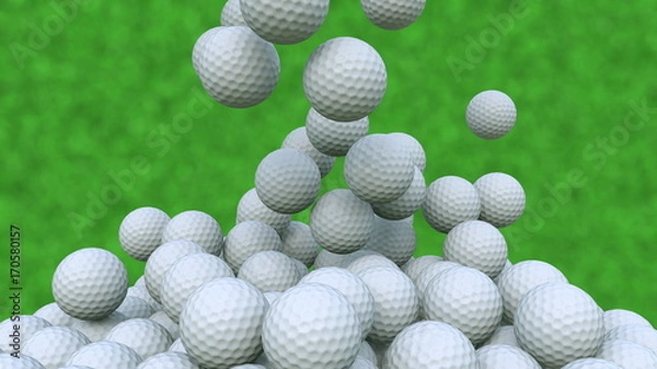 Obraz Multiple golf balls falling down against green grass background, 3D rendering