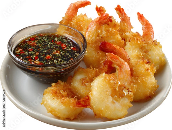Fototapeta Golden Shrimp Delight: A close-up of golden, crispy fried shrimp, artfully arranged on a pristine plate, accompanied by a small bowl of flavorful dipping sauce, offering a tantalizing feast.