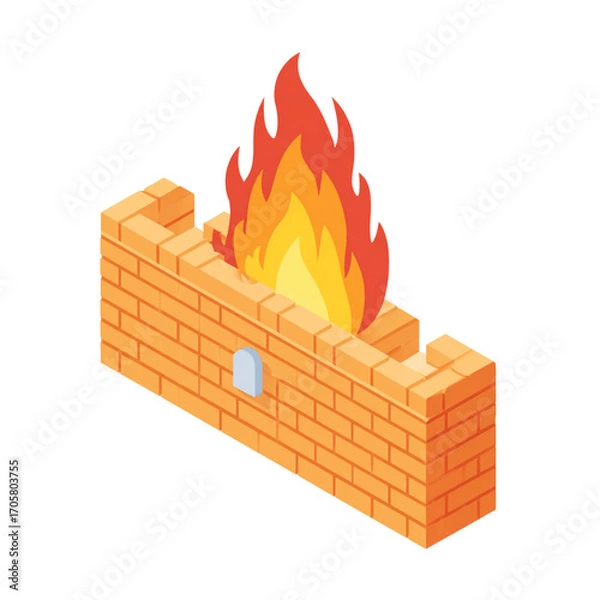 Fototapeta Illustration of isometric firewall with brick wall and fire isolated on transparent background