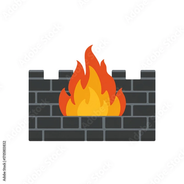 Fototapeta Illustration of firewall with brick wall and fire isolated on transparent background