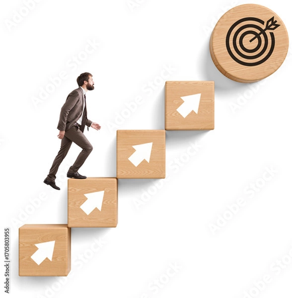 Fototapeta Businessman climbs wooden blocks with white arrows aiming at a target icon, isolated on white background, symbolizing goal achievement and career progress