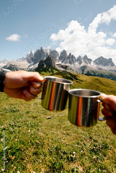 Fototapeta Friends sharing drinks in the mountains during a sunny day with stunning peaks in the background