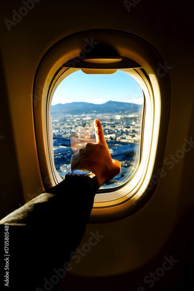 Fototapeta Hand reaching out to touch the window while flying over a mountainous landscape during daylight hours