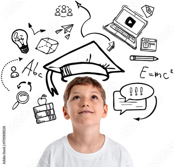 Fototapeta Smiling boy looking up surrounded by educational hand-drawn doodles, in realistic style, on transparent background, symbolizing learning and imagination