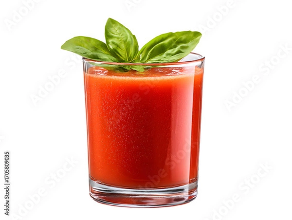 Fototapeta Tomato Juice Delight: a glass filled with refreshing tomato juice is a visual delight, garnished with fresh basil and evoking a sense of freshness and health.