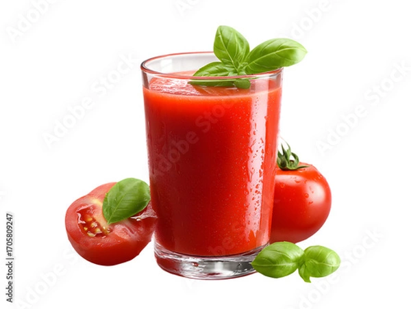 Fototapeta Tomato juice delight: A vibrant glass of fresh tomato juice is presented alongside ripe tomatoes and fresh basil leaves, a mouthwatering scene of natural refreshment.