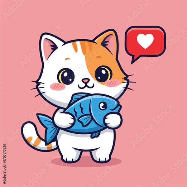 Fototapeta A cute cartoon calico cat holding a big blue fish with a love heart icon.