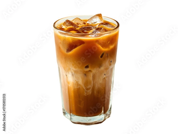 Fototapeta Iced Coffee: A refreshing glass of iced coffee, showcasing layers of rich espresso and cold milk swirling with ice cubes. A visually appealing refreshment to beat the heat, perfect for coffee lovers.