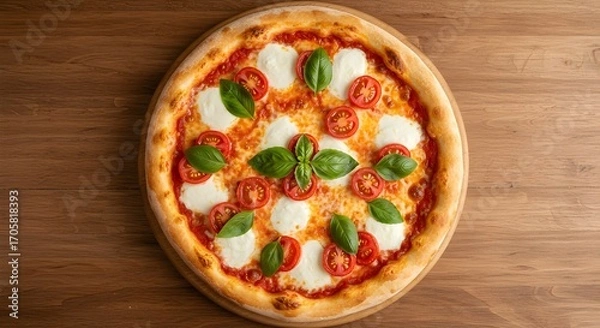 Fototapeta Delicious homemade Italian Margherita pizza with fresh mozzarella cheese, ripe tomatoes, and green basil leaves served on a rustic wooden table, top-down view