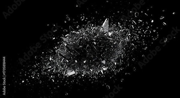 Obraz 黒背景に砕け散るガラスの破片と抽象アート
