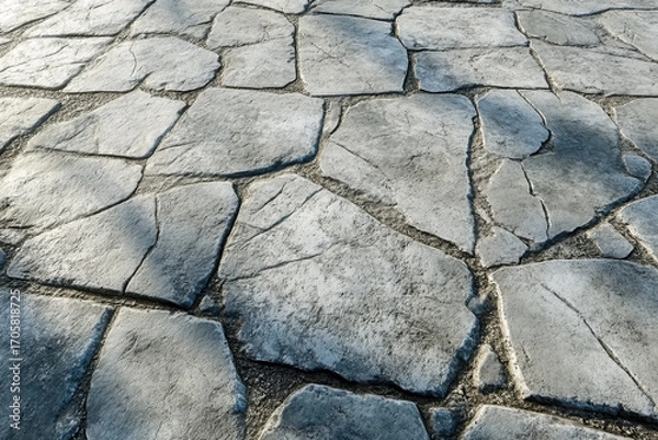 Fototapeta Detailed close up of gray irregular stone pavement. Rough weathered outdoor concrete surface with cracks and unique natural rock texture.