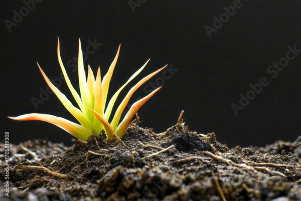 Fototapeta A tiny vibrant green plant seedling with yellow leaves sprouting from dark earthy soil. Concept of new beginnings and natural growth.