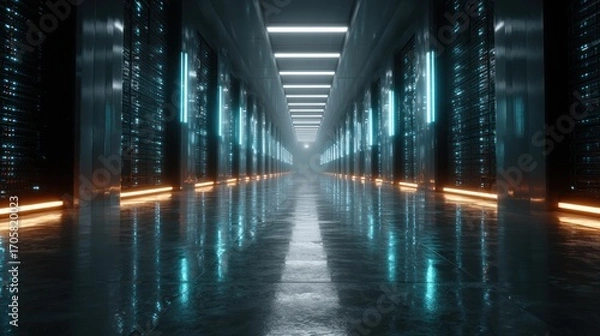 Fototapeta Futuristic Server Room with Glowing Lights Reflecting on a Wet Floor and Data Servers