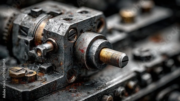 Fototapeta Detailed Close-up of a Vintage Industrial Machine Component with Rust and Metal