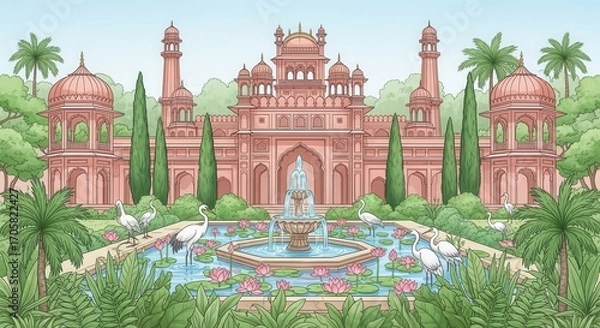 Fototapeta Indian Palace Garden with Fountain and Cranes architecture