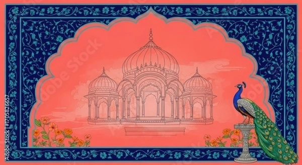 Fototapeta Indian Palace Archway with Peacock and Flowers architecture