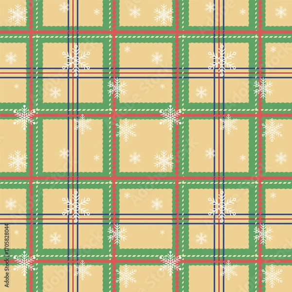 Fototapeta Plaid with twill weave with white snowflakes repeat pattern.Checkered tartan gingham seamless pattern.Winter, Christmas texture vector illustration background design for fabric and prints.