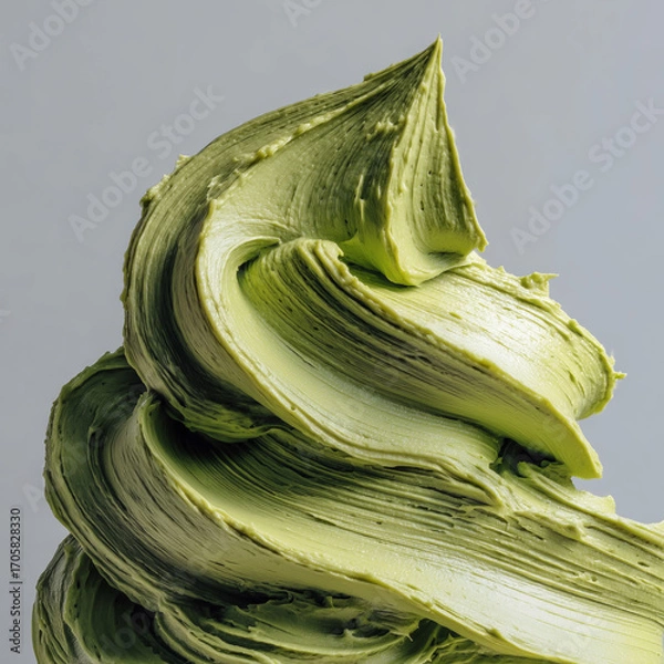 Fototapeta A macro photo of a creamy green swirl of frosting or icing. Abstract texture of whipped matcha or pistachio buttercream on a neutral gray background.