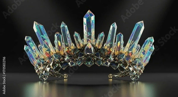 Fototapeta Stunning iridescent crystal crown captivates with prismatic light and intricate golden metalwork, exuding luxury and fantasy for regal occasions or artistic projects