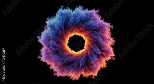 Fototapeta Dynamic swirling explosion of vibrant colorful smoke and light creating an abstract circular portal against a dark background, perfect for digital art and futuristic concepts.