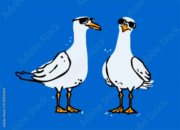 Fototapeta A trendy illustration of two cool seagulls wearing sunglasses. This modern art captures a fun, quirky moment, perfect for summer, vacation, or humorous projects
