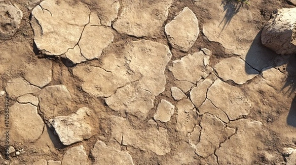 Fototapeta Aerial view of cracked dry earth with stone fragments and soil texture creating a natural pattern