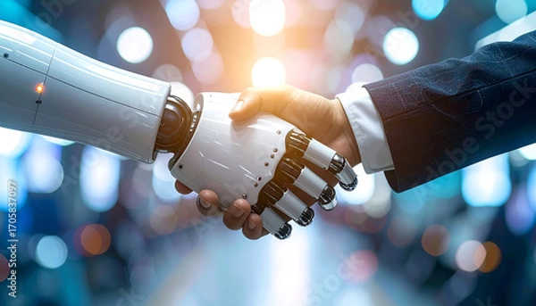 Fototapeta Handshake of the Future: A close-up shot captures a handshake between a human and a robotic hand, representing collaboration, innovation, and the technological advancement.