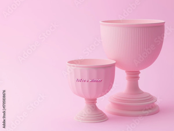 Fototapeta Pink goblets on pink background; smaller goblet inscribed You're a winner