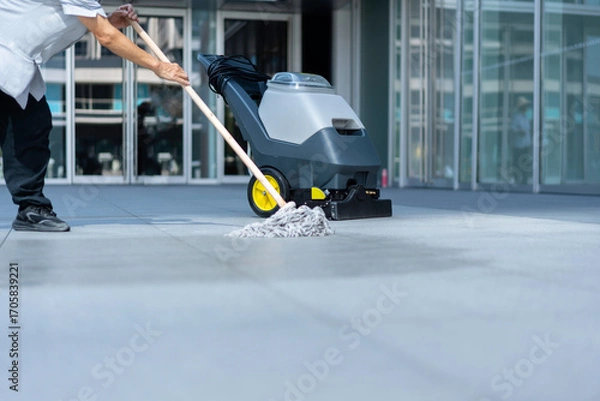 Fototapeta The workers are using a floor scrubber to clean the floor