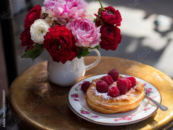 Fototapeta Raspberry pastry and vibrant flower bouquet on a rustic table