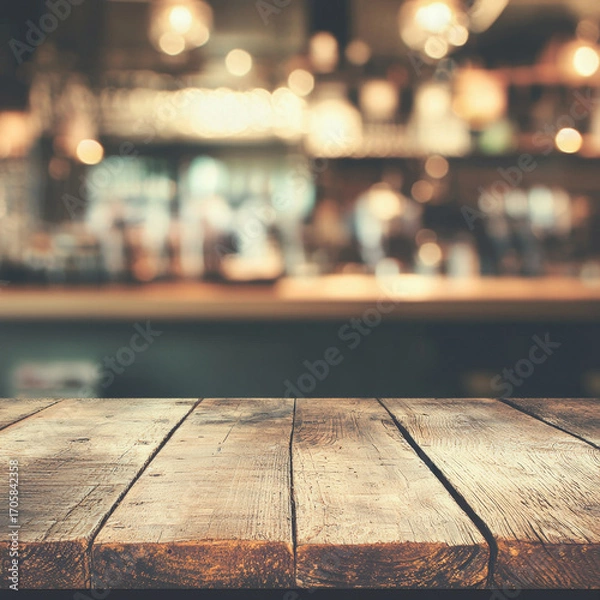 Fototapeta Rustic wooden table, blurred bar background