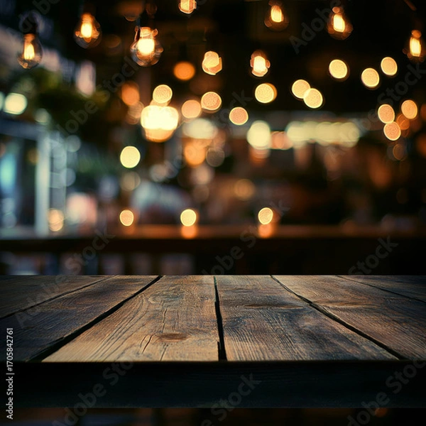 Fototapeta Rustic wooden table, bokeh lights, evening ambiance