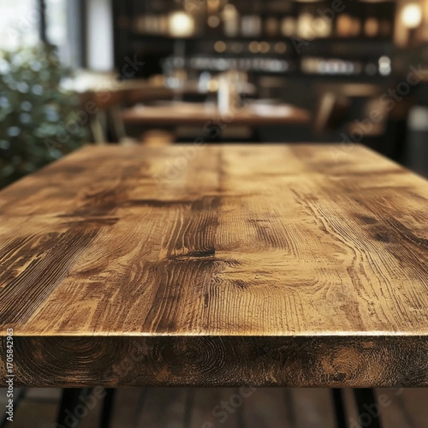 Fototapeta Rustic wooden table top, blurred cafe background