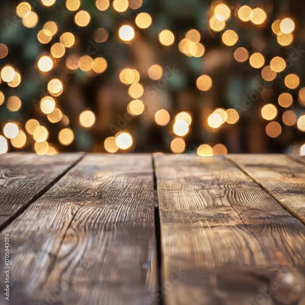 Fototapeta Rustic Wooden Tabletop with Festive Bokeh Lights