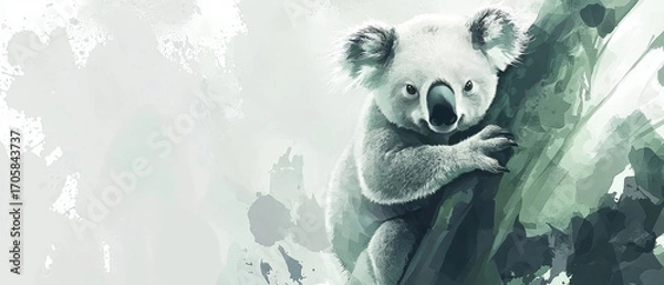 Fototapeta Serene koala portrait, watercolor style, clinging to a tree