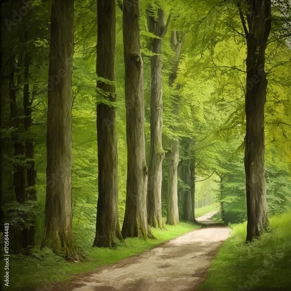 Fototapeta Serene path through a sun-dappled forest, tall trees lining a tranquil way