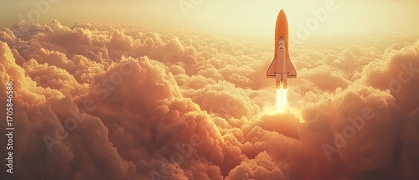 Fototapeta Spacecraft Ascending Through Golden Cloudscape at Dawn