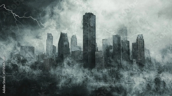 Fototapeta Stormy Cityscape:  Lightning strikes a dark, hazy metropolis